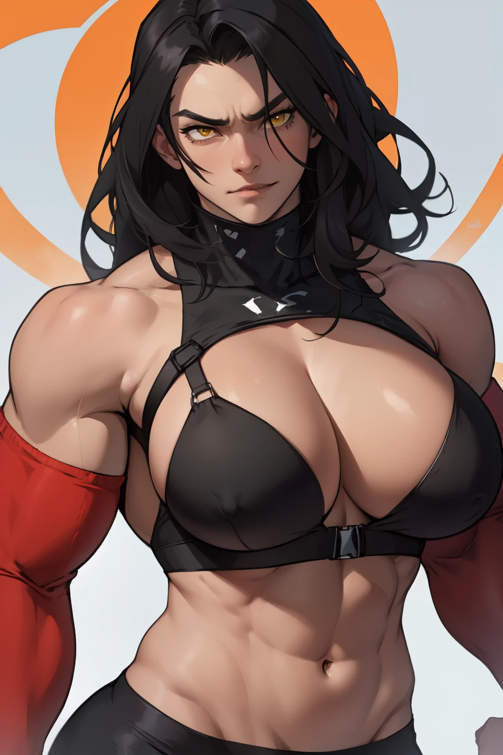 black hair yellow eyes pale skin girl huge muscles massive breasts toned body smug cocky confident expression crazy eyes muscular girl 