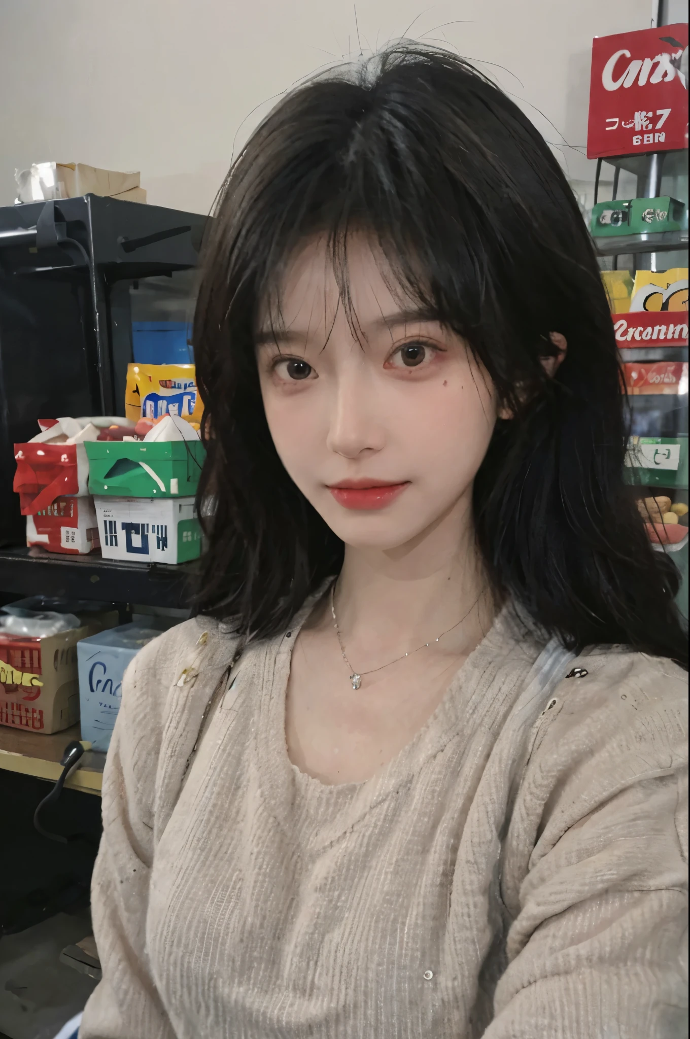 Best quality，Ultra-high resolution,(Realism:1.4)，Cute hairpins，girll,Cropped black sweater，Look directly at the audience，Full of atmosphere，Beautiful woman with a slim figure:1.4，supermarket，whole body，Super delicate face，Exquisite eyes，Double eyelids，necklace