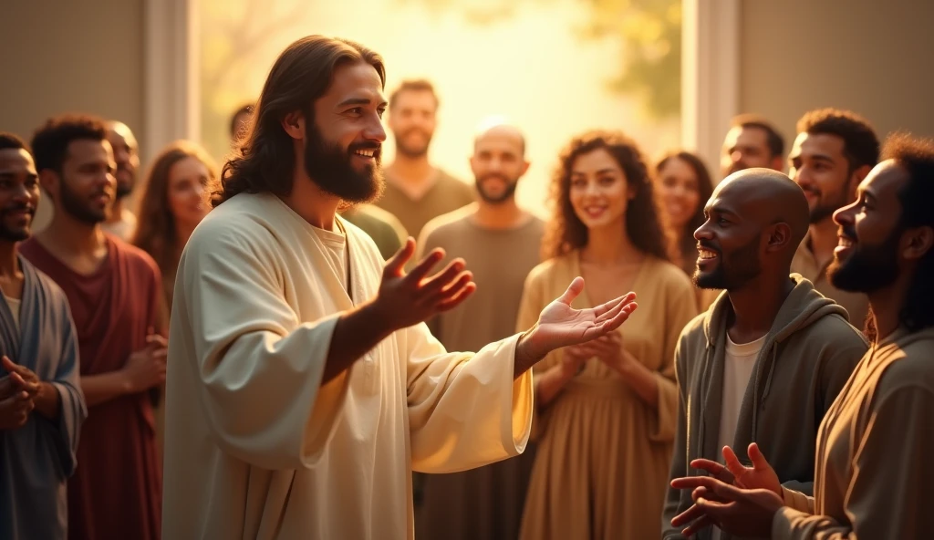 Create an inspiring and touching image of Jesus extending his hand to the people. Jesus should be depicted with a loving and compassionate expression, wearing traditional, light-colored robes. The scene should convey a serene and welcoming atmosphere, with soft lighting that highlights the outstretched hand. In the background, include a diverse group of people of various ages and ethnicities, all with expressions of hope and gratitude, as if receiving a blessing.