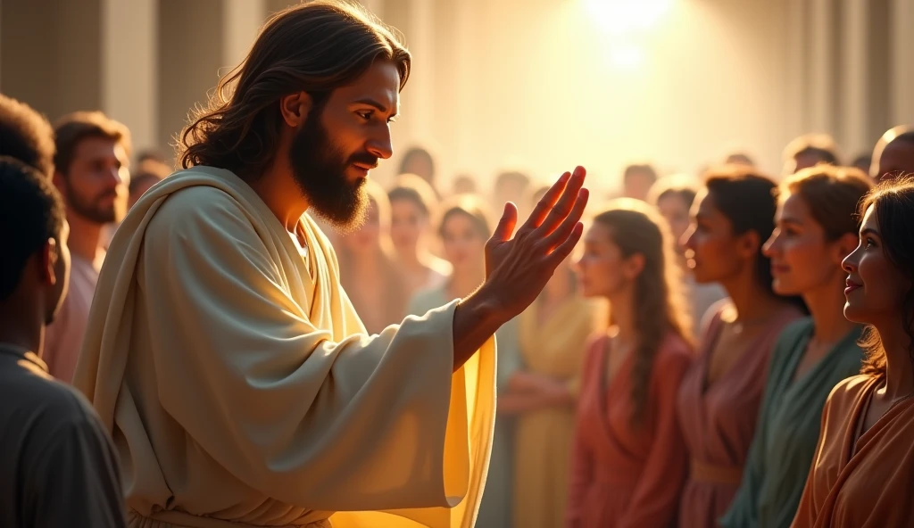 Create an inspiring and touching image of Jesus extending his hand to the people. Jesus should be depicted with a loving and compassionate expression, wearing traditional, light-colored robes. The scene should convey a serene and welcoming atmosphere, with soft lighting that highlights the outstretched hand. In the background, include a diverse group of people of various ages and ethnicities, all with expressions of hope and gratitude, as if receiving a blessing.