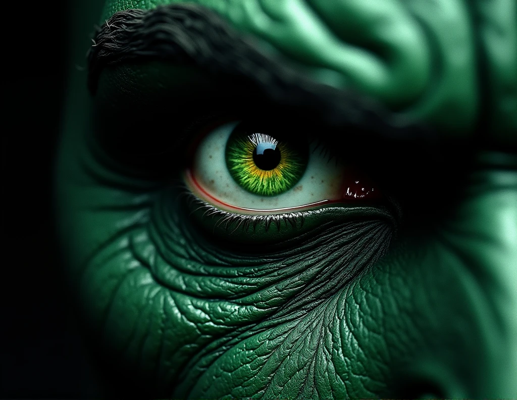 Close-up of eye with dark green iris of a superhero with superhuman strength with high contrast of light and dark, and maximum ultra-realistic photographic quality, and with the skin intertwined with the muscle fibers