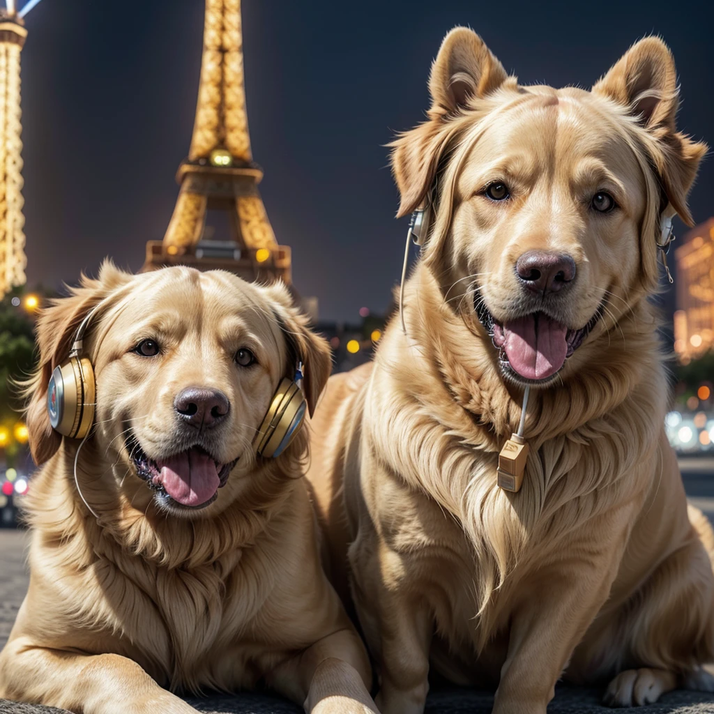 a golden retriever dog, beige fur, wearing jbl headphones, tongue out, in front of the eiffel tower, highly detailed, 4k, photorealistic, professional, studio lighting, vivid colors, masterpiece