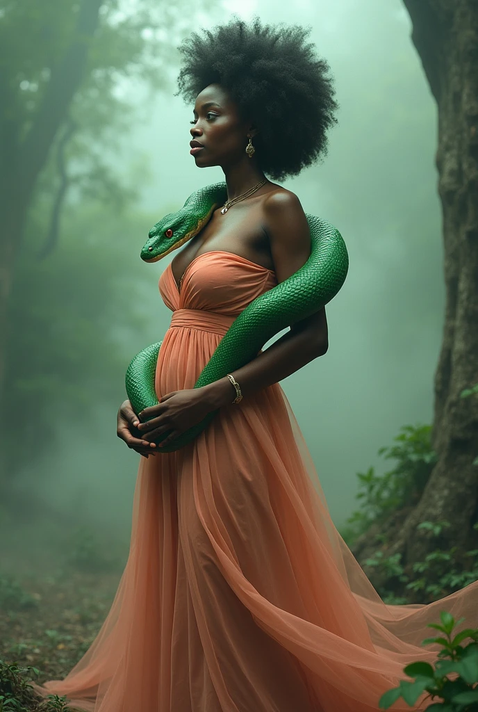Black woman Orisha, peach colored dress, with a green snake wrapped around his arm in the middle of a fog