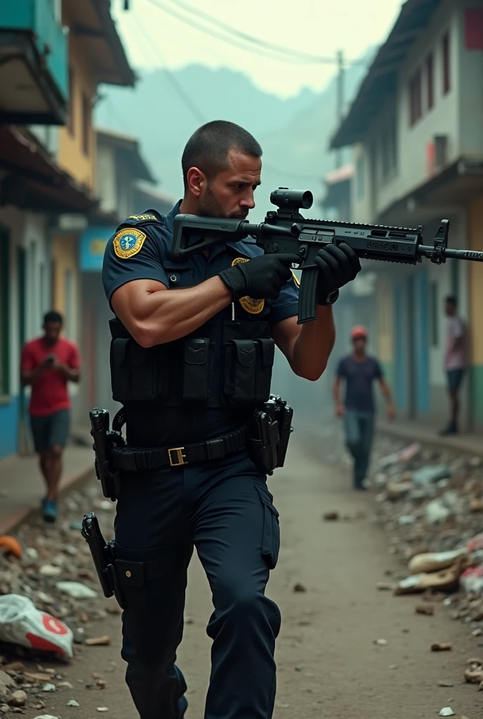 Brazilian police officer, uniform, in swat type uniform, armed with rifle. The police officer is in the middle of a shootout, in a favela. The favela is on a hill, with many alleys and lanes. The favela has a lot of trash scattered on the ground. In the scene you can see people running and screaming in fear.. The police officer is in an aggressive stance pointing his rifle in the direction of the criminals who are shooting at him.. Cinematic scene, high resolution image, work of art, ultra realistic style, ultra detailed image.