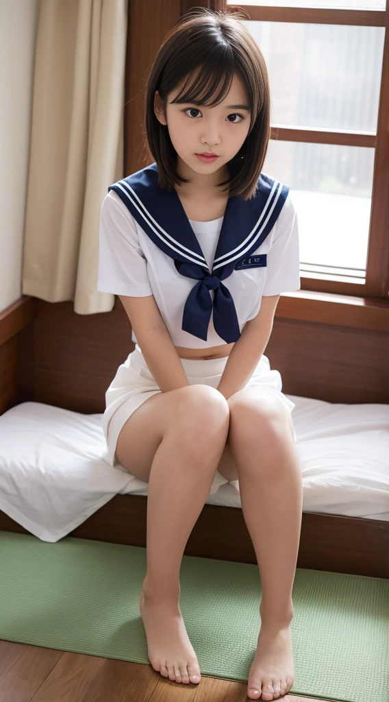 Actual photos of Japanese junior high school girls, A full body photo from head to toe,Beautiful woman with a young face,Blank look,Slightly parted lips,Transparent, lustrous skin,Bob hair or short cut,Summer short-sleeved sailor uniform,The ribbon is red,uniform, summer sailor uniform, A short navy skirt, In her room,One hand raised,Sit on the bed,Sit with your legs apart,One leg stands on the knee,Showing her tiny white panties,Panties digging into crotch,I masturbate to adult rape videos every day, I have no experience with men, But I want to have sex, I have a rape wish,Attractive thighs,I'm sweating a lot