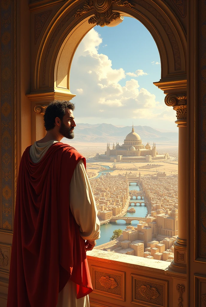 King David looking out the window at his entire empire with its riches and pomp
