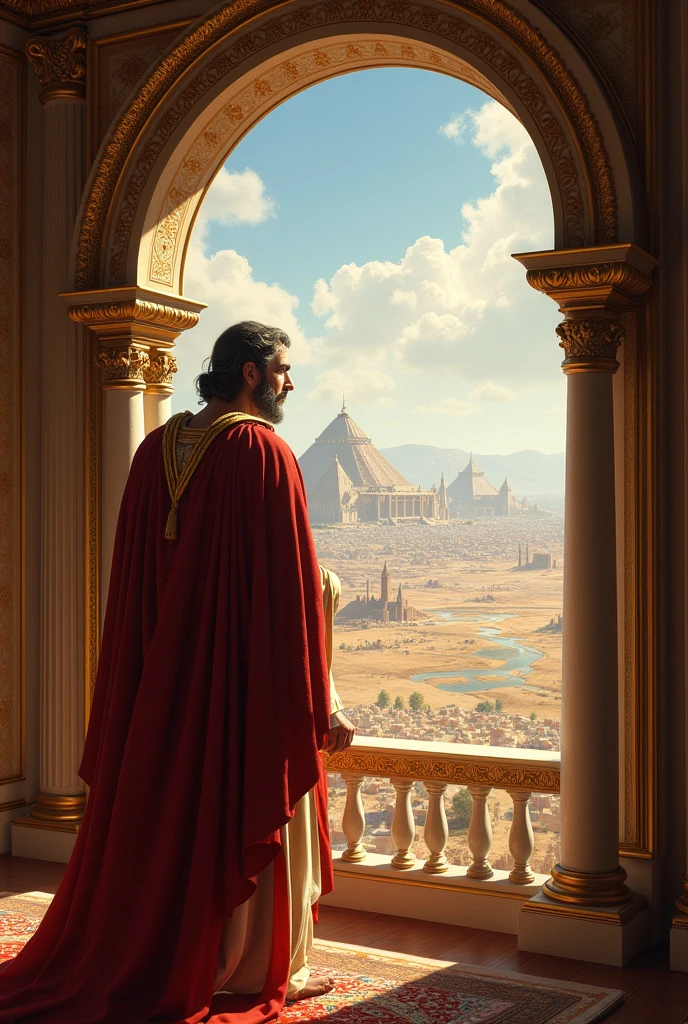 King David looking out the window at his entire empire with its riches and pomp