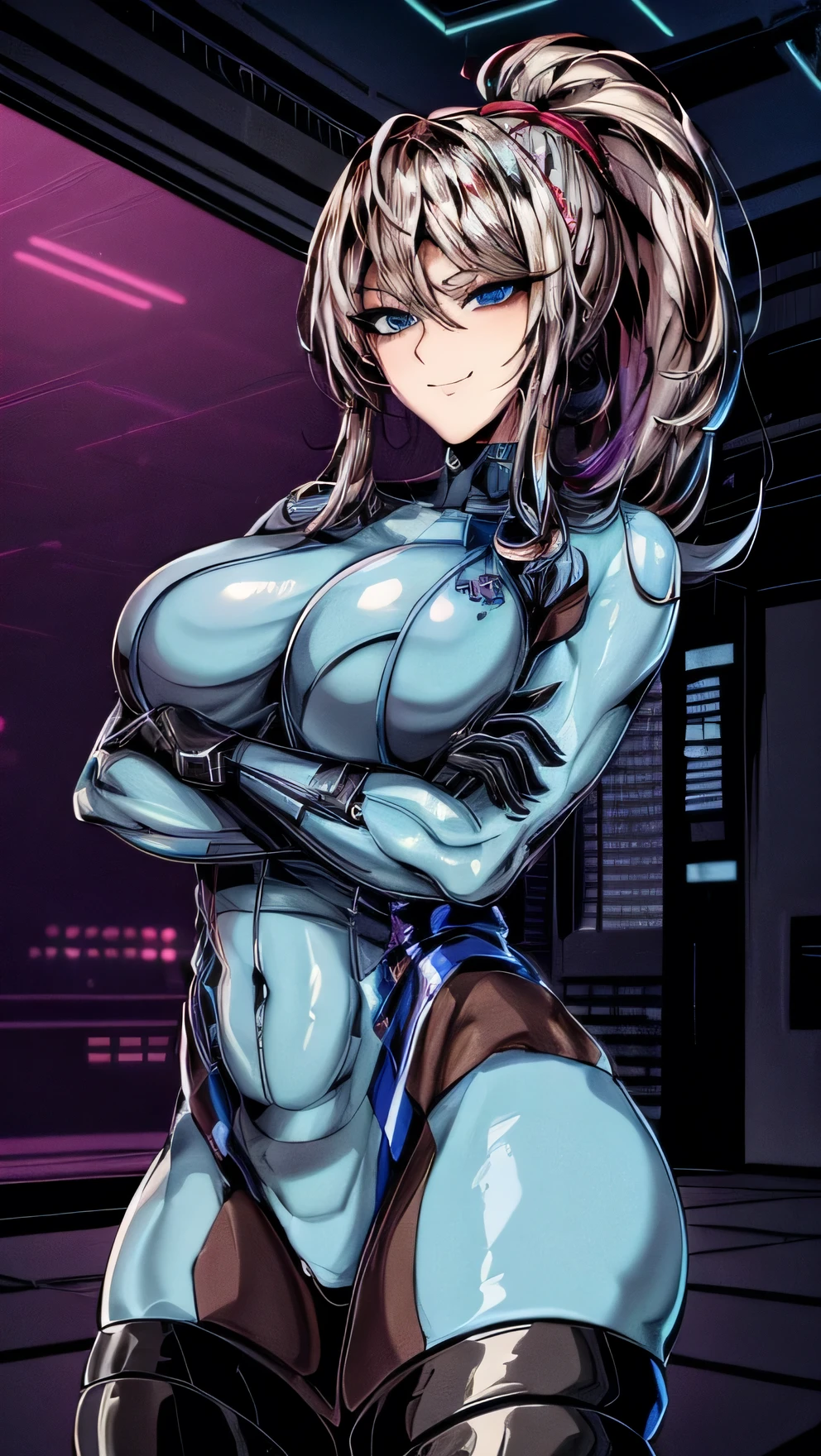 samus aran, ponytail, hair tie, blue gloves, ((blue bodysuit)), high heels (masterpiece, best quality:1.4), (modern days), (cowboy shot), 1girl, solo, pov, stunning girlfriend, (standing:1.1), elegant face, beautiful face, highly detailed face, highly detailed skin, medium breast, smug smile, looking at viewer,16k hdr, curvy, crossed arms, wide hips, 25 year old woman, (Background: Indoors, interior of a room with futuristic technology in the background, cyberpunk themed)
