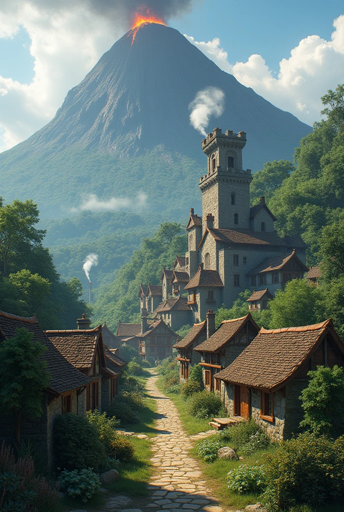 Small fantasy village with a volcano, forest, houses made of stone with a castle