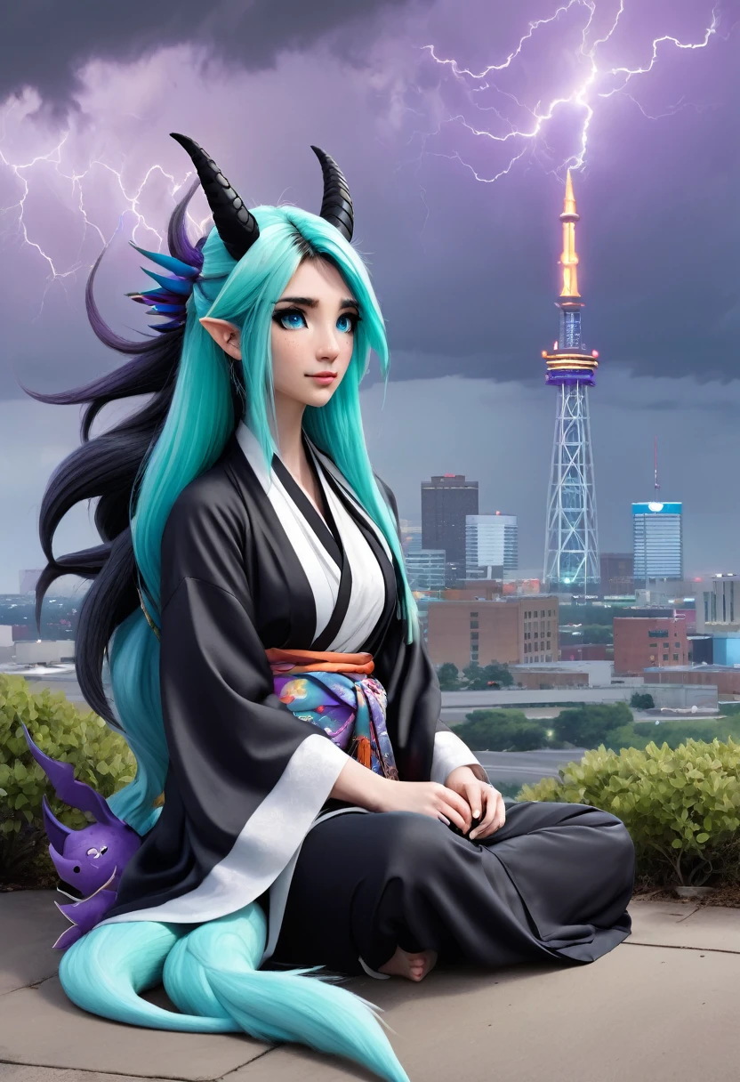 An anthro dragon female, black scales, four aqua eyes, long ears, asphalt-colored hair, long hair, a black curved unicorn horn, feminine, a long flowing wisteria-colored scarf, and a kimono. She is sitting on the ground, crying and clutching a giant pokemon plushie. In the background, distant Oklahoma City skyline in thunderstorm.