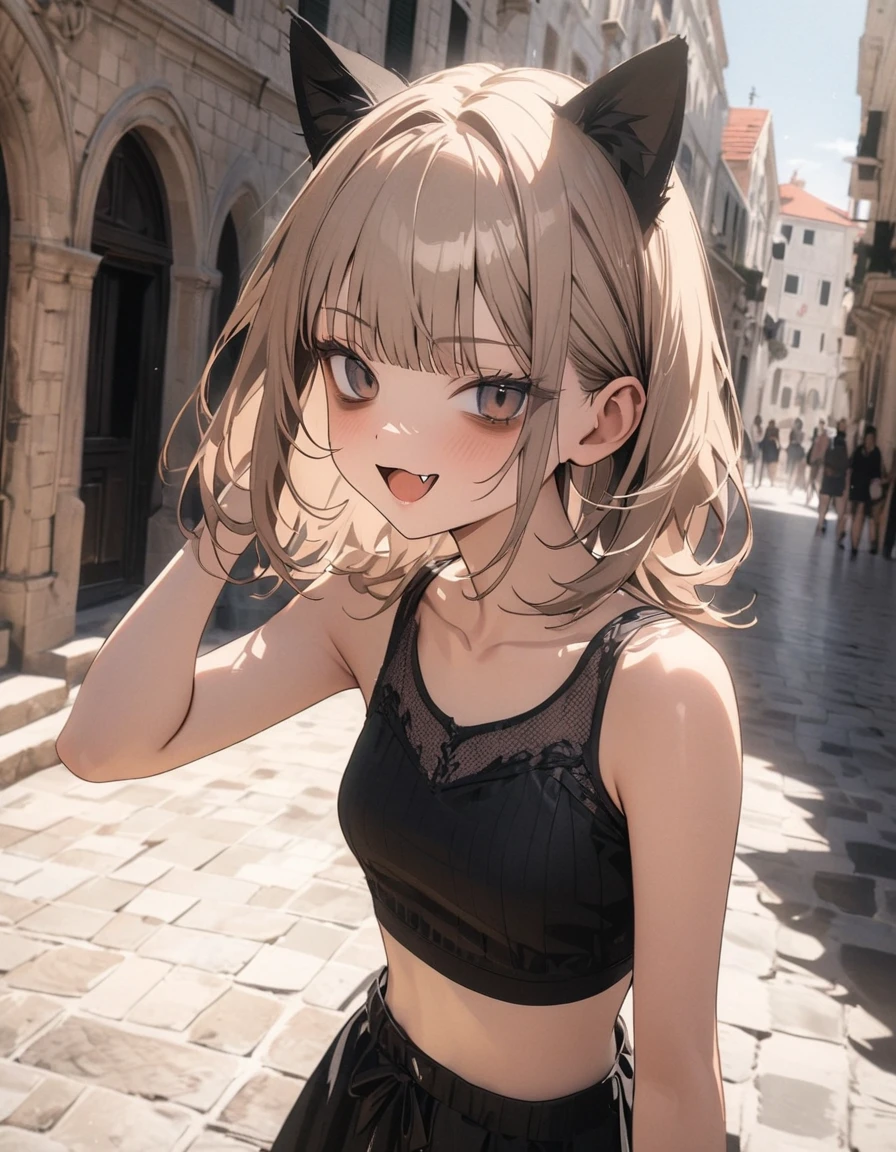 ((Masterpiece)), ((best quality)), (wide shot), (super detail:1.2), (High Definition:1.3), ((extremely detailed)), (8K), (Professional Photography:1.2), (very aesthetic:1.2), (absurdres:1.2), (sharp focus), (perfect light), (drop shadow), 8K, Glossy skin, cinematic lighting, 1girl, (Knit fabric crop top), (Cute innocent teenage girl), slendar body, small breast, glossy medium hair, (loose blunt bangs), ((bags under the eyes)), open mouth wide, fang out, (smug), beautiful collarbones, (slightly exposed shoulders), (put on cat ears), pale brown hair, Hair that flutters in the wind, BREAK, (cute cheeks), glossy lips, pouty lips, (lower eyelashes), (Walking on Dubrovnik townscape in Croatia), summerday, perfect hands, (detailed background:1.2), (newest), clear line,