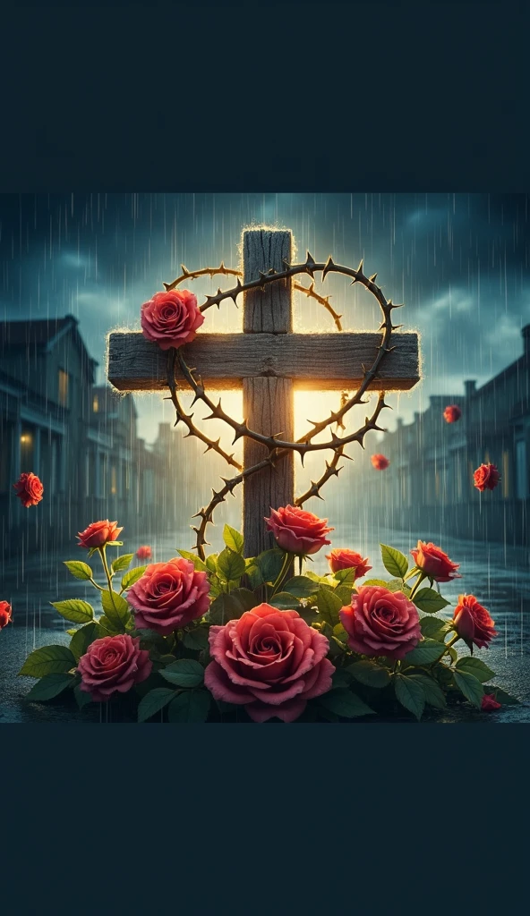A Christian cross with thorns and roses on a rainy night