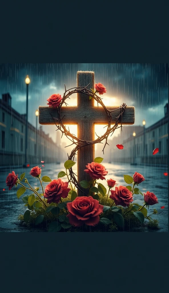 A Christian cross with thorns and roses on a rainy night