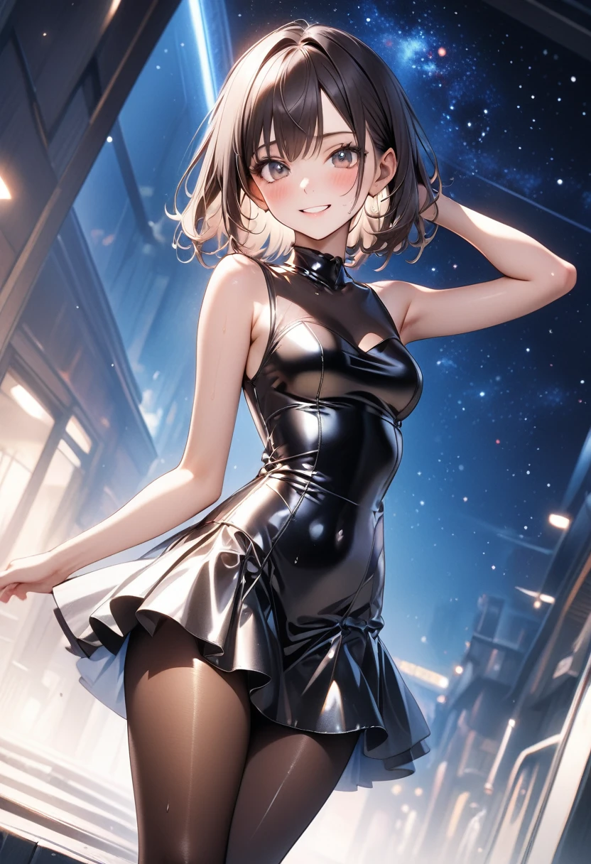 (Evil smile), (((Costumes that exude evil, skirt, Pantyhose))), ((Shiny Costumes)), ((skindentation)), skinny, solo, 1 woman, Masterpiece, highest quality, highest quality, 16K, incredibly absurd, highly detailed, 2.5D, ai-generated, delicate and dynamic, very delicate facial expressions, delicate eye depiction, erotic, only sexy woman, ((A cute and kind face)), healthy figure, ((25-year-old woman)), 160cm tall, medium firm swaying bust, Dark Hair, blush, Sweat,Embarrassed,sexy, ((thin thighs)), shiny and lustrous, facing straight at viewer, (((in heat))), ((Oily_skin)), ((Lots of sweat)), (((Brown Skin))), ((dutch angle)), ((erotic pose)), (((Dynamic Pose))), ((Starry Sky)), (Metallic clothing:0.7),