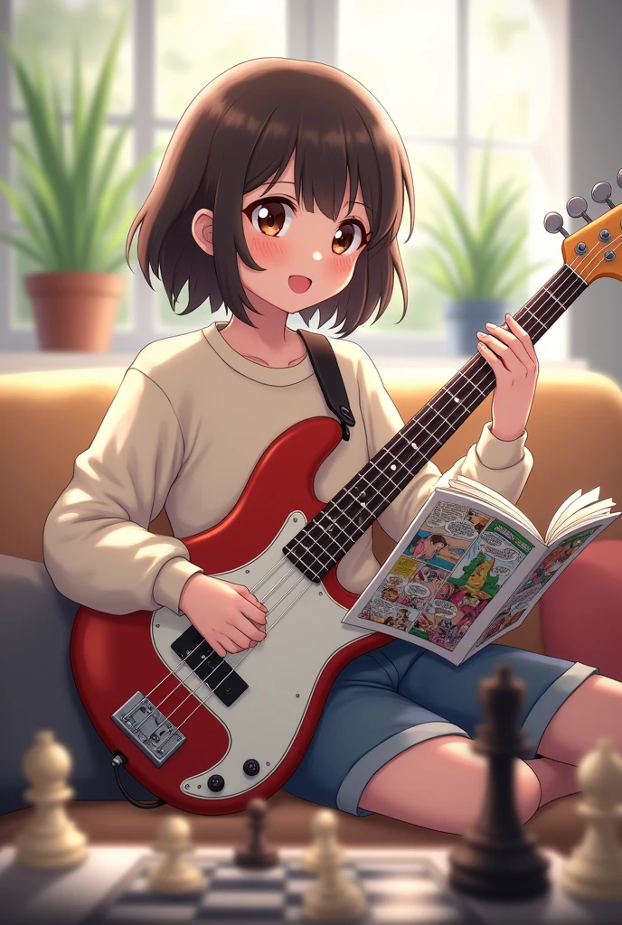 with medium hair, straight at the back and wavy at the front, bass guitar, Brown eyes, in sweatshirt,anime version,reading manga and playing chess