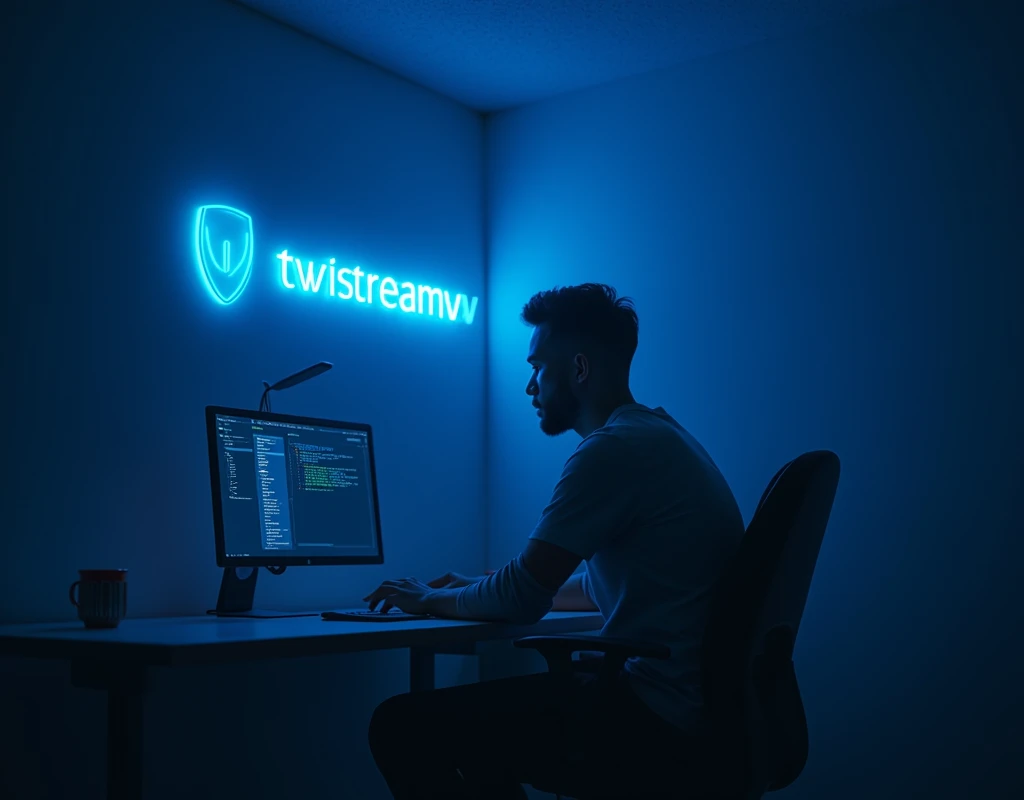 Il y a un homme assis de profil à un bureau avec deux écrans d'ordinateur., éclairage bleu et cinématique, Post-production 8k, Post-production 8K, Éclairage bleu cinématographique, Post-production 8k, Post-production 8K, composition, Cyberpunk Clay, avec éclairage cinéma, éclairage aux couleurs cinématographiques, Prise de vue cinématographique, Rendu 3D 8K tir, Portrait pris en 8Kavec le logo de "Twistreamv en bleu sur le mur"