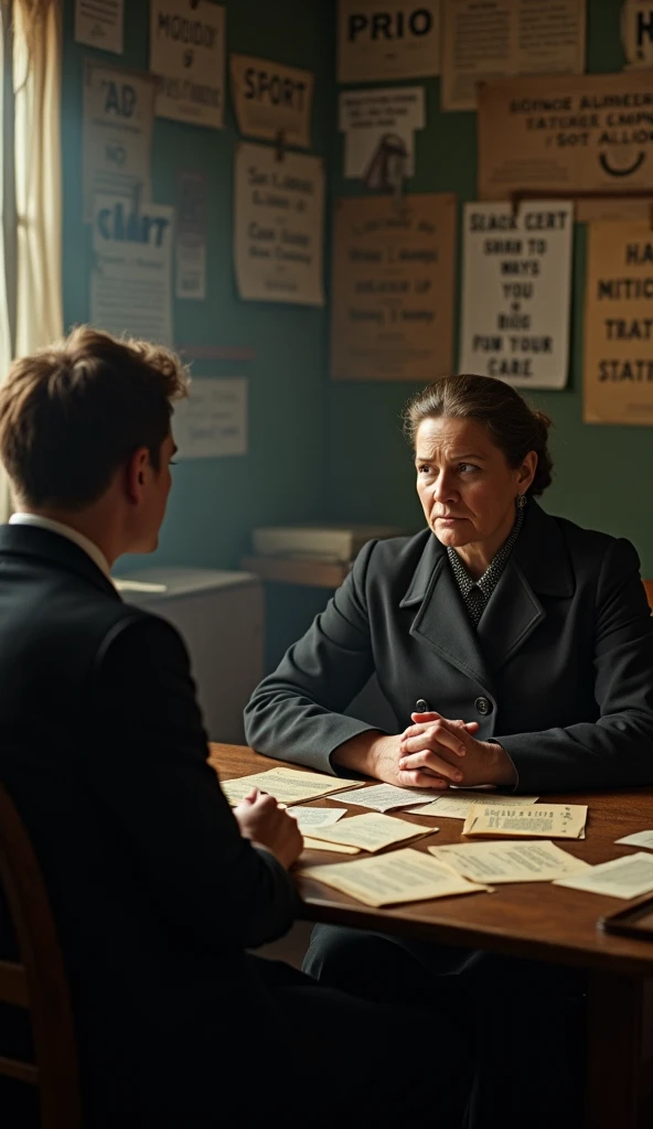 Sarah Chapman speaking to a male union leader in a small, dimly lit room, both dressed in late 19th-century clothing, with papers and pamphlets scattered on a wooden table between them; the walls behind them are lined with posters and notices about the strike; a close-up shot focused on their serious conversation, with shadows playing on their faces; hyper-realistic, photo realism, cinematography. The camera lens size should be 200mm, aperture setting f/4.5, and ISO 1600. The medium should be color photography.