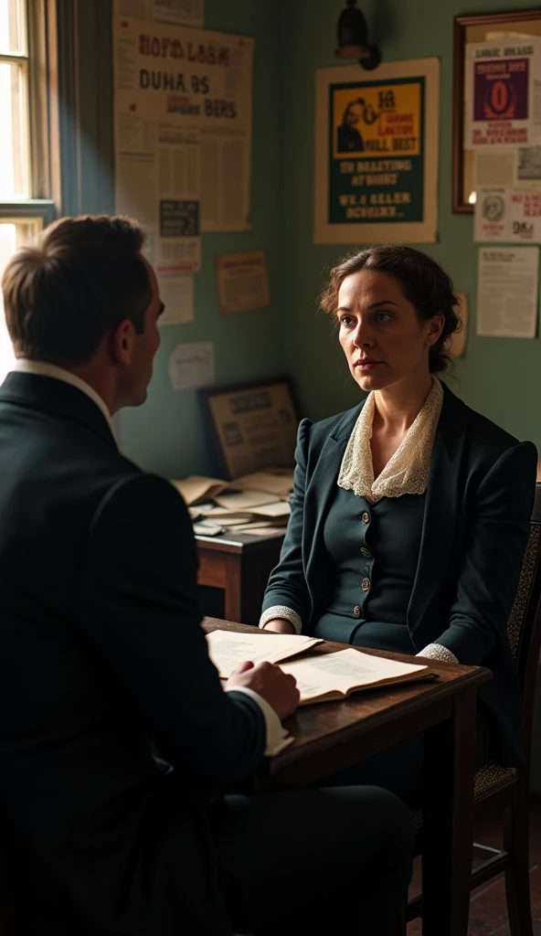 Sarah Chapman speaking to a male union leader in a small, dimly lit room, both dressed in late 19th-century clothing, with papers and pamphlets scattered on a wooden table between them; the walls behind them are lined with posters and notices about the strike; a close-up shot focused on their serious conversation, with shadows playing on their faces; hyper-realistic, photo realism, cinematography. The camera lens size should be 200mm, aperture setting f/4.5, and ISO 1600. The medium should be color photography.