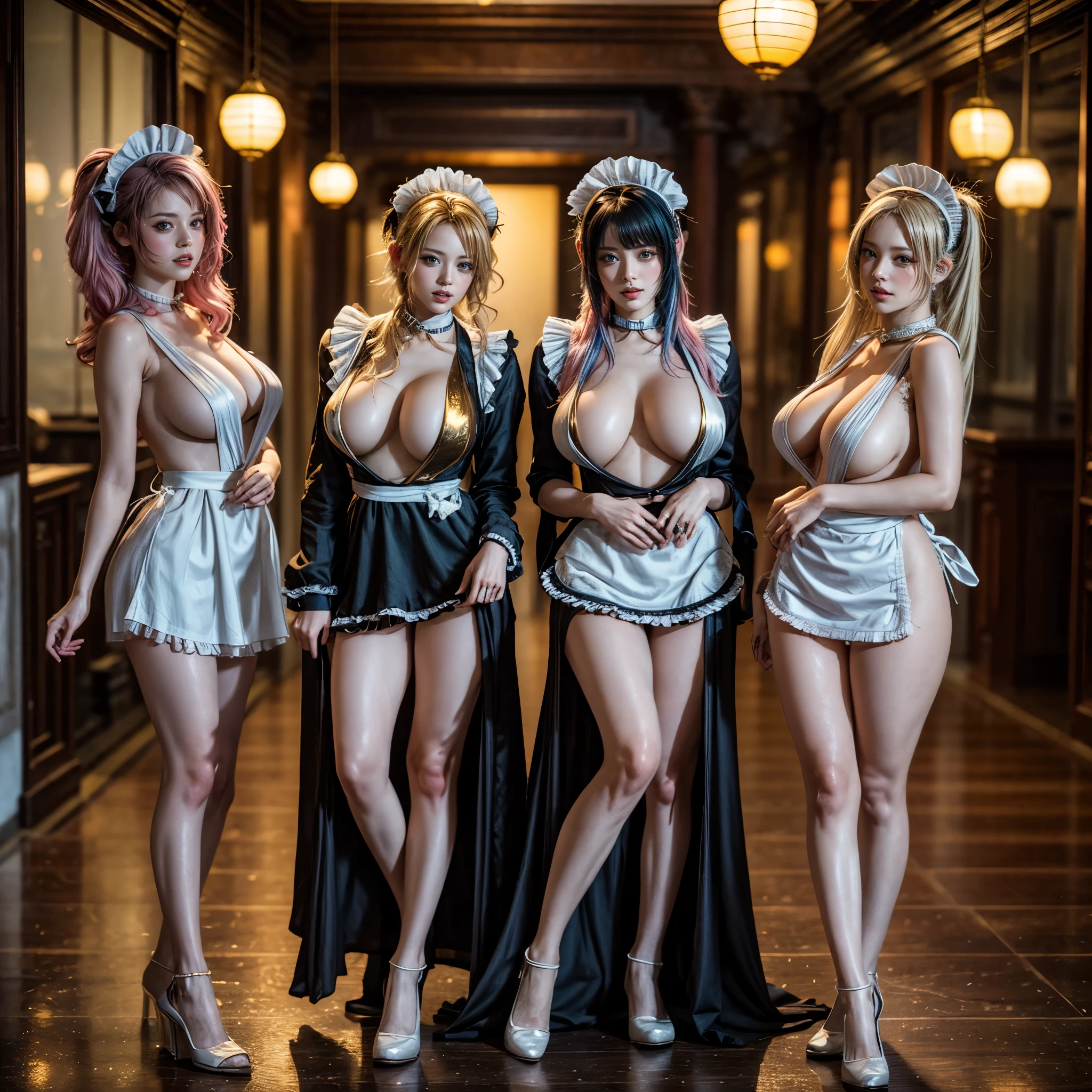 (Full Body of Extremely Detailed((y Maid Group in a row:1.37))), KAWAII perfect face, Reflective Eyes, Detailed(Delicate Clothing textures), Correct Leg Line, Dynamic Joyful Expressions LifeLike Rendering, Specular Reflection, TopQuality 8K Ultra-detailed masterpiece (ProfessionalPhoto:1.37), (Acutance:0.8), (Luminism:1.28), (Renaissance art style), Colorful Light particles, ((Full body from side)), {Kissing|Thigh Gap|AssFocus|(Nakon with Overflowing SideBoob)|[Gold NippleSt, Radiant Fine Skin with Transparency, (Exposed:0.4), (Different types of Anime hair color){Pink Hair|LightBlue Hair|Platinum Blonde|Pure White Hair|Liquid Hair}, Perfect Lighting