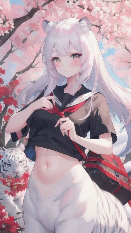 (best quality, masterpiece), 1 girl, centaur, I beg, White skin, Japanese schoolgirl,daughter,black pink, exposing the abdomen, belly button t-shirt , beautiful girl perfect, White tiger photo, 완벽한 White tiger photo