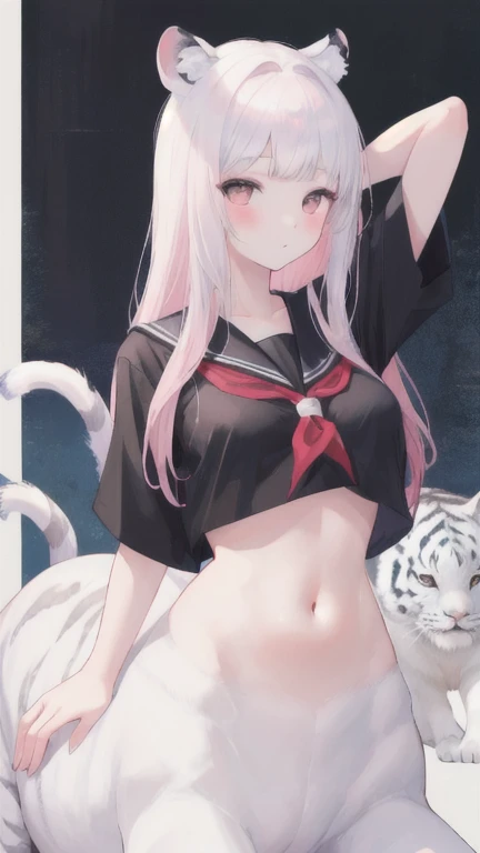 (best quality, masterpiece), 1 girl, centaur, I beg, White skin, Japanese schoolgirl,daughter,black pink, exposing the abdomen, belly button t-shirt , beautiful girl perfect, White tiger photo, 완벽한 White tiger photo