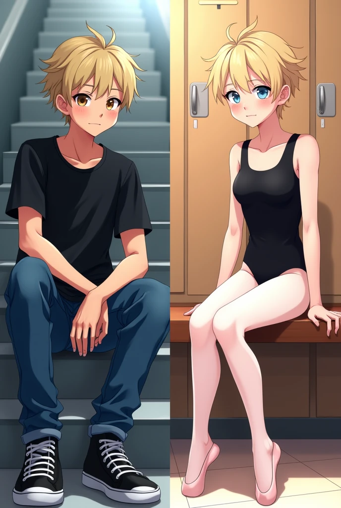 Create a split image of a 17 year old boy with an androgynous face and body with short blond hair on one side wearing a black t-shirt, blue jeans and black sneakers sitting on a staircase on the other side recreate the same 17 year old boy wearing a black ballet leotard, white tights and pink ballet flats sitting on a locker room bench in animestyle,anime