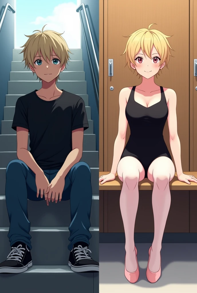 Create a split image of a 17 year old boy with an androgynous face and body with short blond hair on one side wearing a black t-shirt, blue jeans and black sneakers sitting on a staircase on the other side recreate the same 17 year old boy wearing a black ballet leotard, white tights and pink ballet flats sitting on a locker room bench in animestyle,anime
