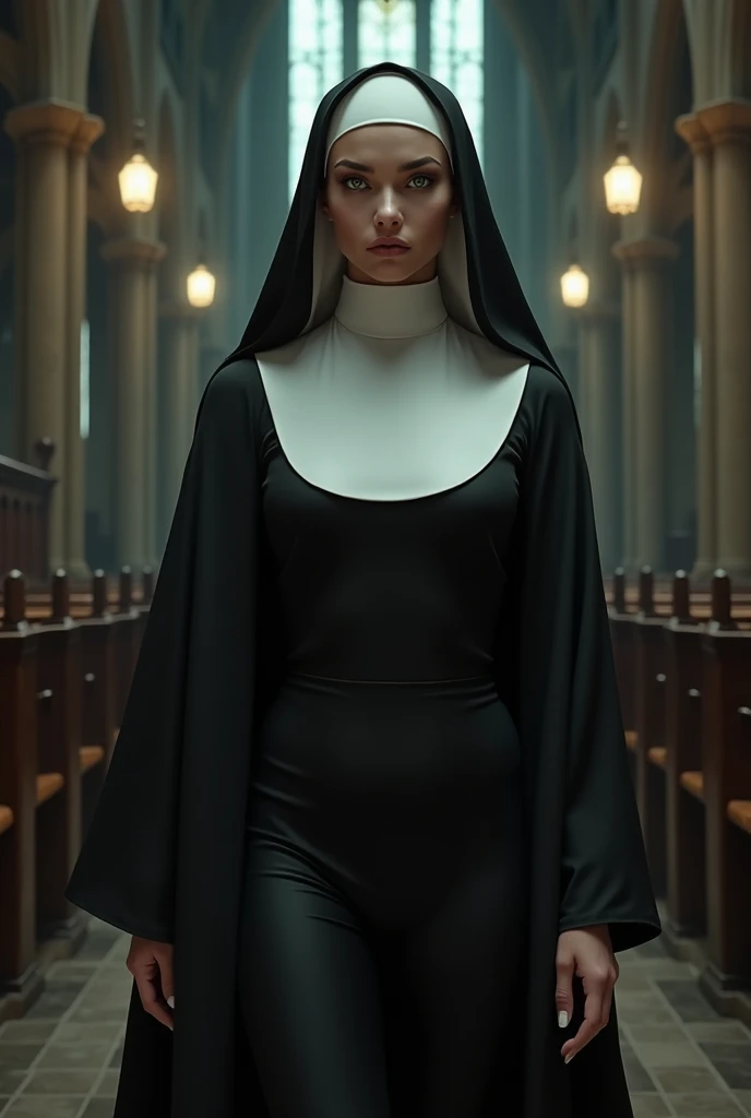 sexy nun with body in a tight and revealing (((nun outfit))), white skin with very intense (((green eyes))) in a  gothic dark church, (((hyper  realistic))), (((full body))), erotic nun outfit 