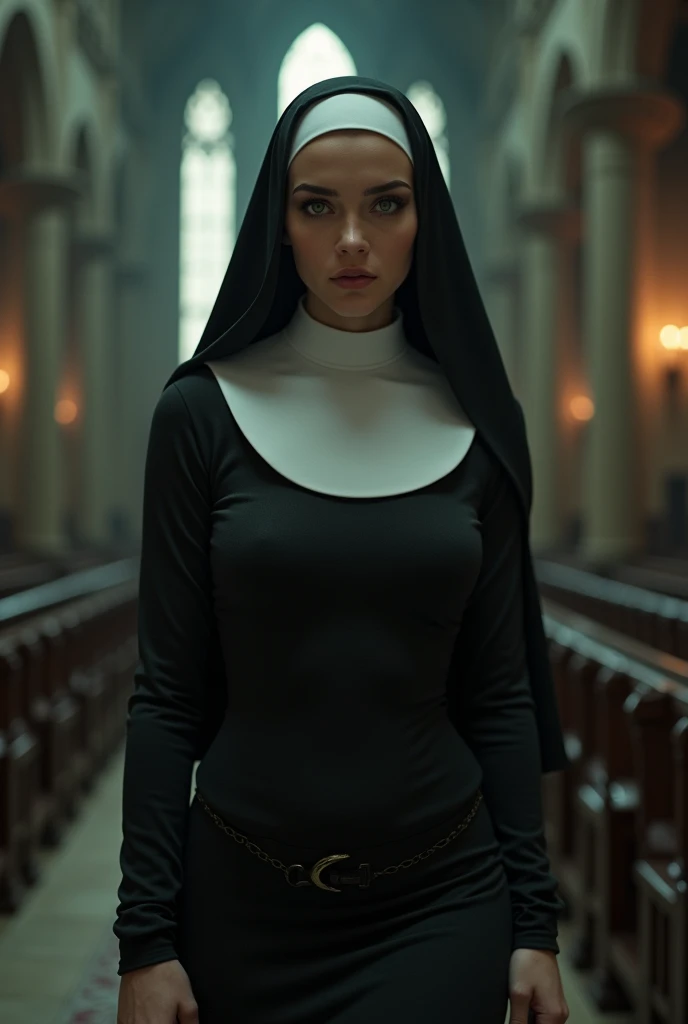 sexy nun with body in a tight and revealing (((nun outfit))), white skin with very intense (((green eyes))) in a gothic dark church, (((hyper realistic))), (((full body))), erotic nun outfit