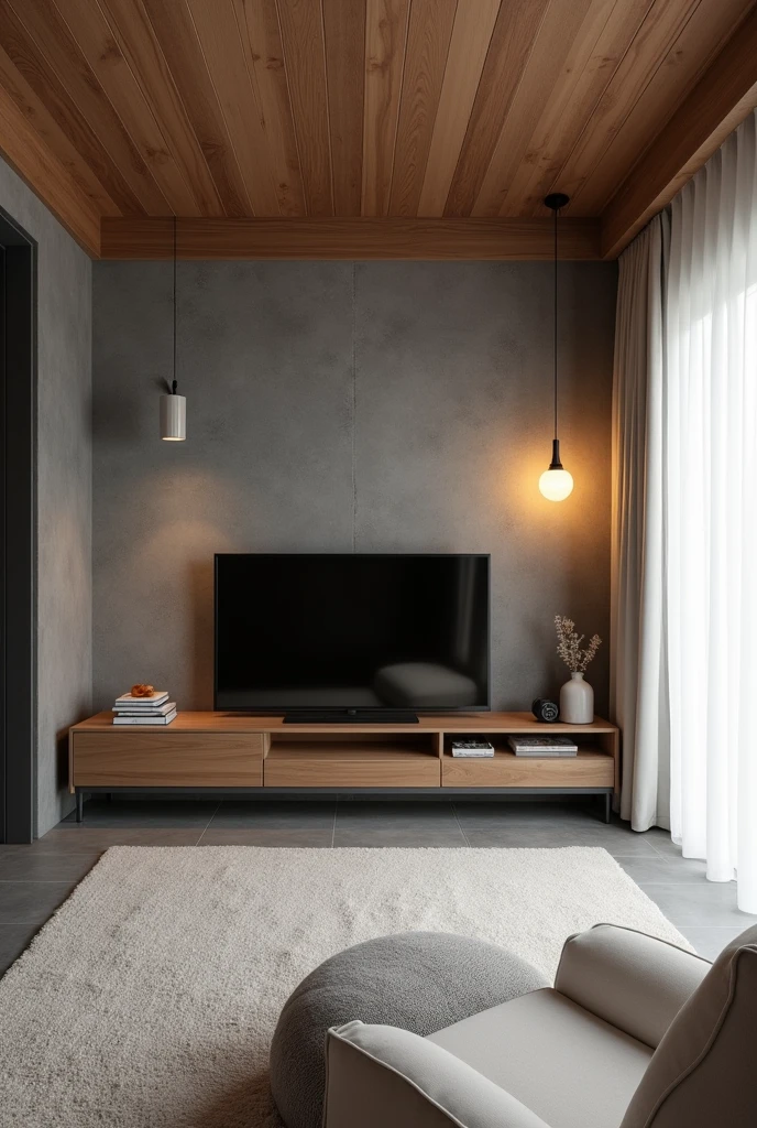 A residential room with a ceiling lined with wood-effect PVC in the color freijó, the gray floor, the wall with dark burnt cement effect, where is a television, on the right side a pendant light with two warm white bulbs, white curtain on the right side, white furniture with vintage style wooden details, with neutral white surface-mounted lamp, sem led