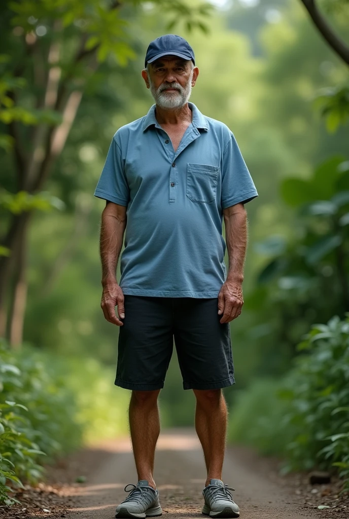 A man with a dark blue cap, a light blue shirt, black shorts and gray sneakers