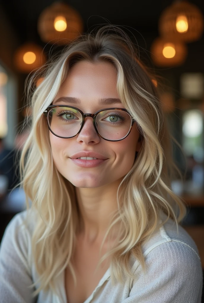 create an influencer,blonde hair,Scandinavian,light eyes,light brown skin, spotty, girl next door,Natural photo, spontaneous photo, 55 mm linse, Background also sharp, further away from the camera ,elegant posture,full body picture,in a cafe.with nerd glasses