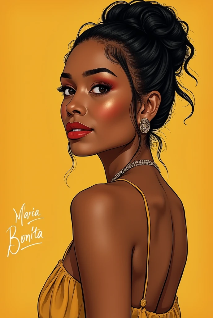 人物: Place the illustration of the Bahian woman centered or slightly offset to one side, with enough space to include the studio name text clearly.
texto: "Maria Bonita Studio" must be prominently positioned, below or next to the figure. The font should be legible and match the overall aesthetic of the design.. Mustard yellow palette