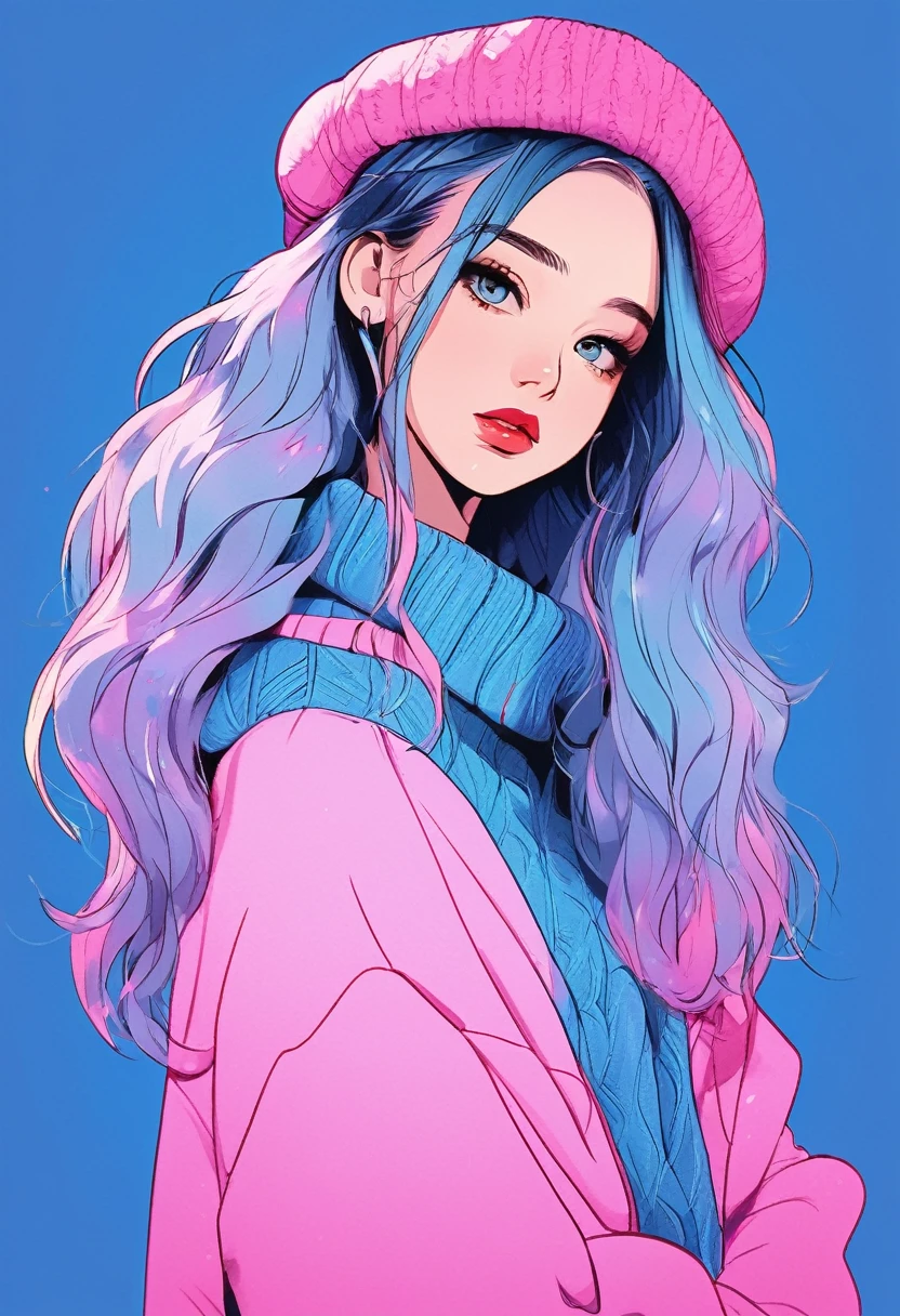 illustrator, animated, Realistic, sketch, 1 girl, ,lip, sweater, Order, Blue gradient background, neon hair, Textured border, Canadian, (masterpiece, best quality) ganyou