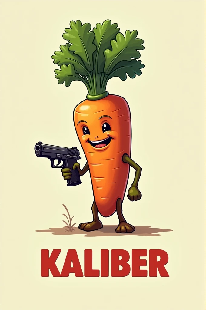 Carrot holding a gun, with the word kaliber under it in big orange letters