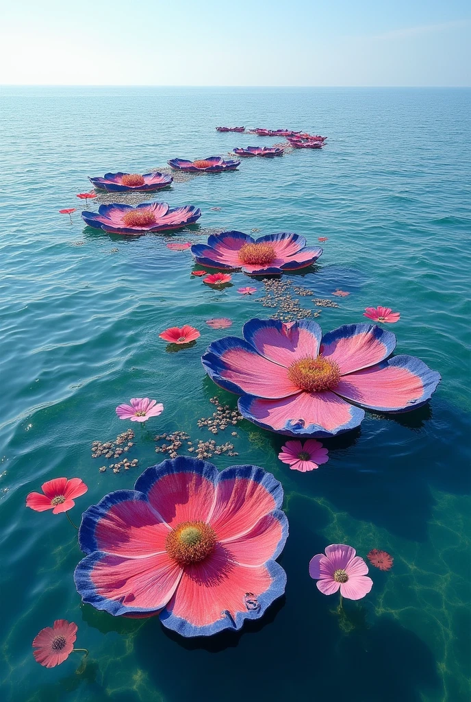Land art with shibori fabrics Flowers in the sea