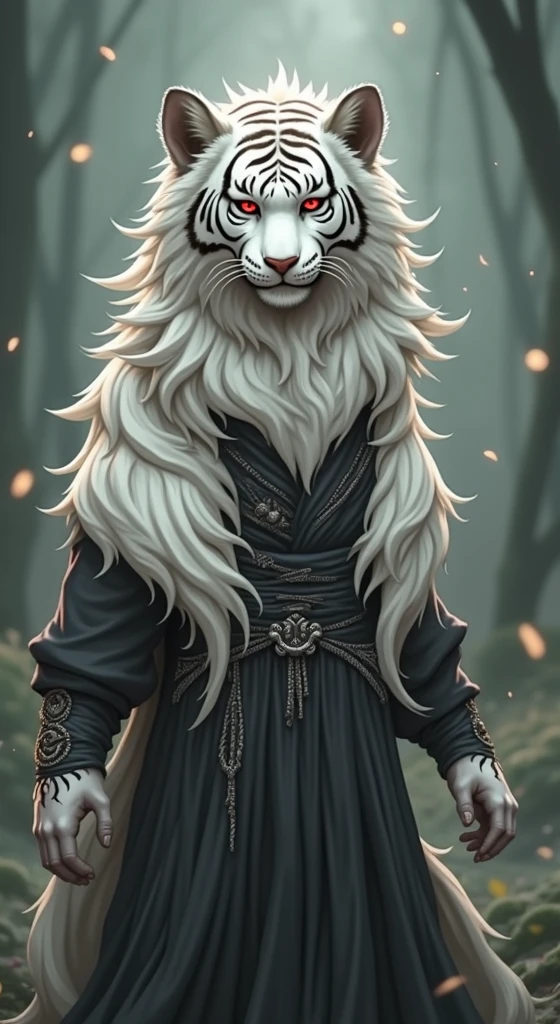 Anime character tiger with white fur and red eyes and black medieval clothes