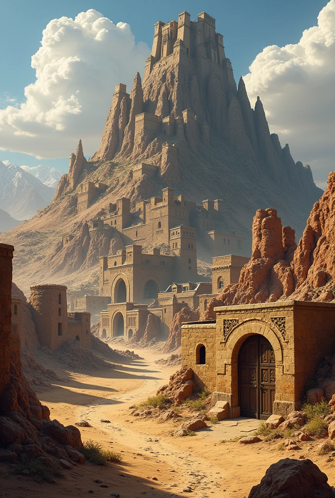 Small fantasy village with a volcano, desert, houses made of stone with a castle
