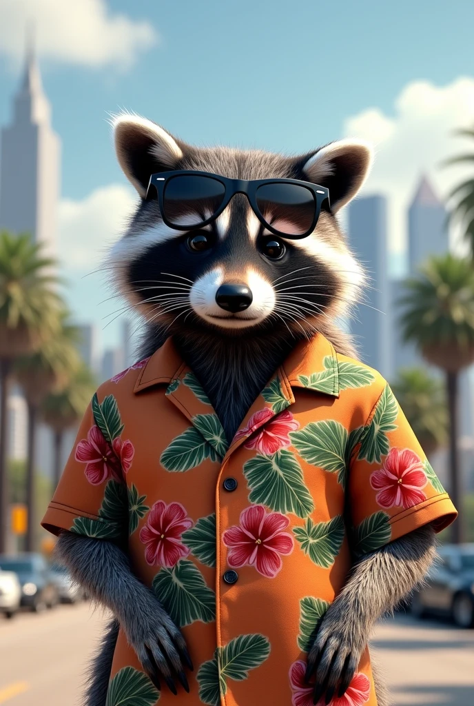 Realistic Adult Raccoon, in a Hawaiian blouse, with dark rayban sunglasses, Los Angeles in the background 
