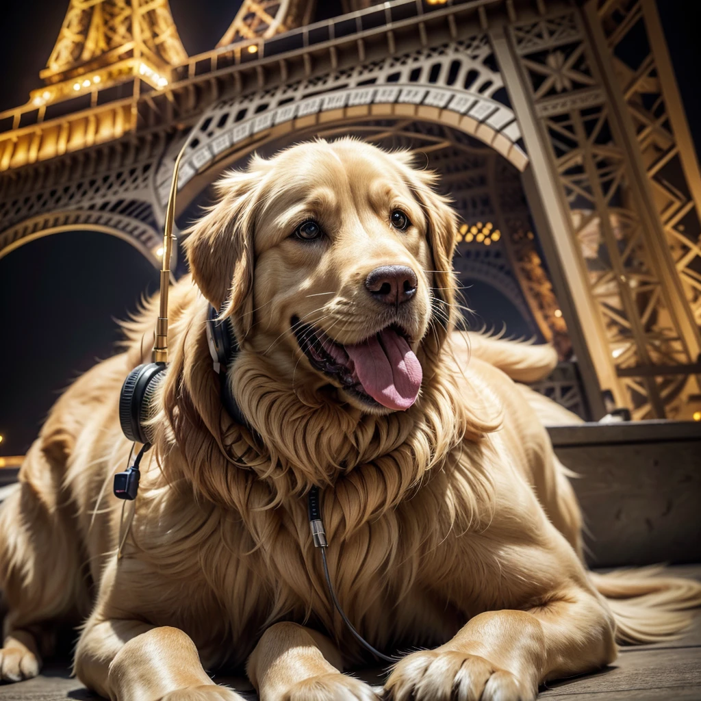 a one golden retriever dog, beige fur, wearing jbl headphones, tongue out, in front of the eiffel tower, highly detailed, 4k, photorealistic, professional, studio lighting, vivid colors, masterpiece