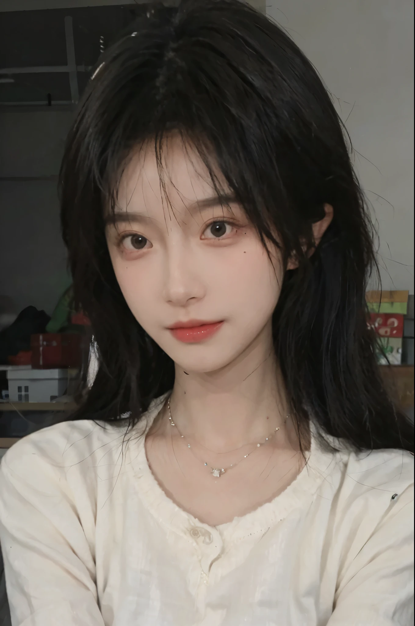 Best quality，Ultra-high resolution,(Realism:1.4)，Cute hairpins，girll,Cropped black sweater，Look directly at the audience，Full of atmosphere，Beautiful woman with a slim figure:1.4，supermarket，whole body，Super delicate face，Exquisite eyes，Double eyelids，necklace