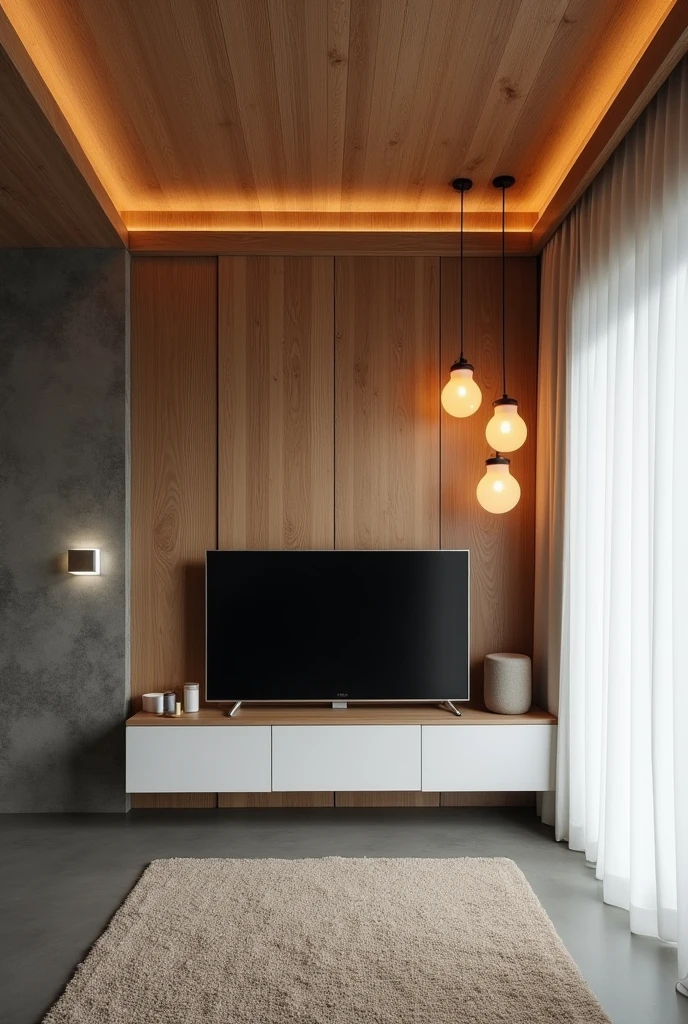 A residential room with a ceiling lined with wood-effect PVC in the color freijó, the gray floor, the wall with dark burnt cement effect, where is a television, on the right side a pendant light with two warm white bulbs, white curtain on the right side, white furniture with vintage style wooden details, with neutral white surface-mounted lamp,  sem led