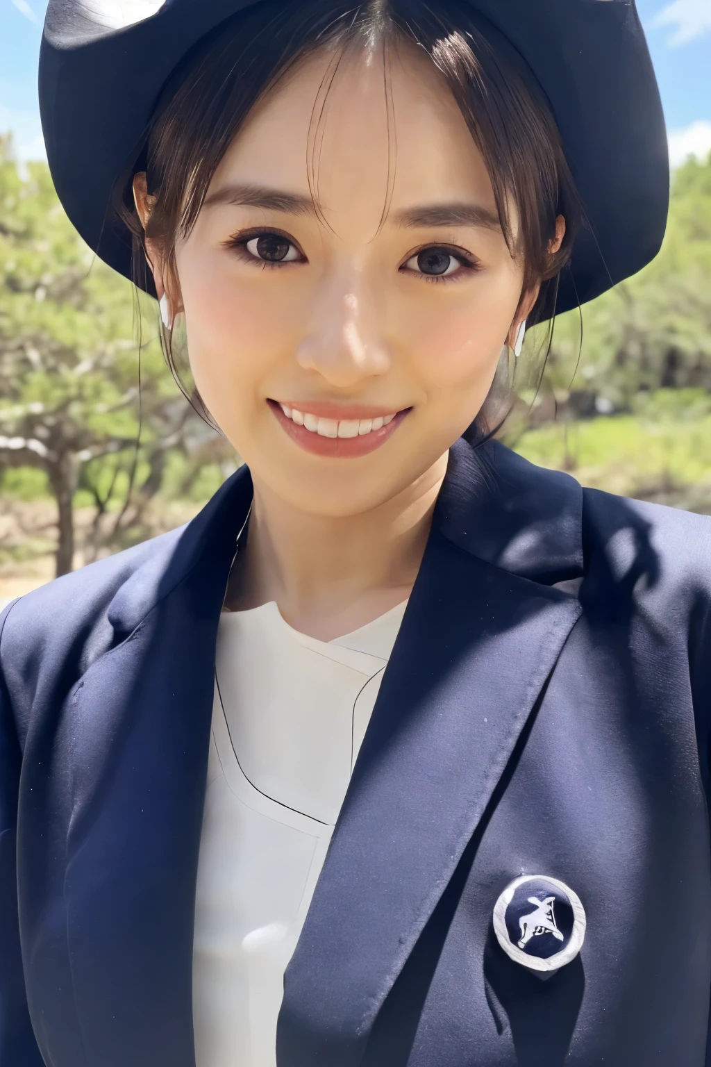 ((Top Quality, 8K, Masterpiece: 1.3)), Sharp Focus: 1.2, (Super Beautiful Face: 1.0), (Slender Abs Beauty: 1.0), (Shiny Skin: 1.0), Realistic Photography, Black Hair, Realistic Pupils, Video Lighting, High Definition Eyes and Face, Video Lighting, (Cowboy Shot: 1.3), (Japanese Cute Actress), in nature, smiling, Looking at the audience, head on