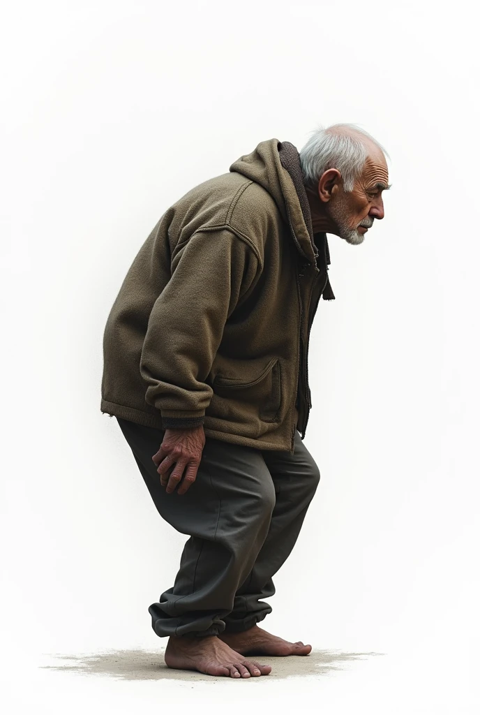 A sad hunchbacked old man with back pain in a sweater walking to the right side on a white background  