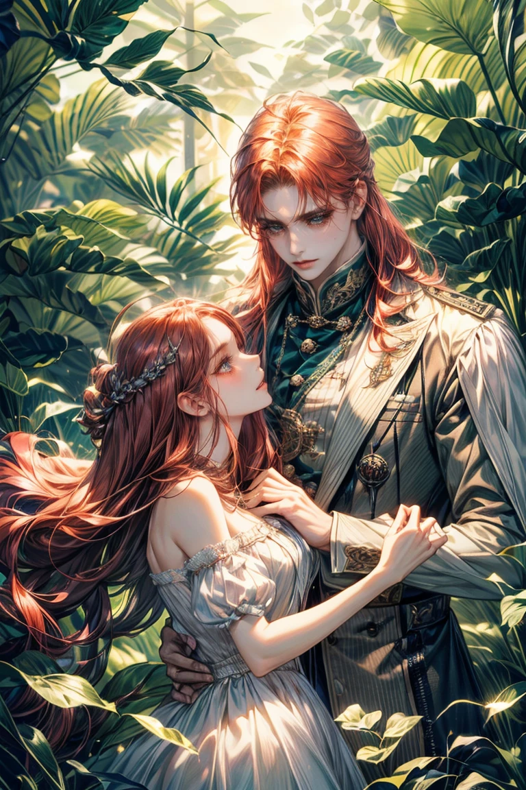 Create a highly detailed and romantic illustration featuring two characters in an intimate moment set in a lush, sun-drenched forest. The male character should have an air of authority and strength, dressed in a formal dark black war uniform. He is tall, with slicked-back blond hair, and a serious, protective expression. He gently supports the female character, who is draped in an elegant, white dress with fringe sleeves. She has long, wavy red hair and an ethereal, almost ethereal appearance, with a soft, captivated expression as she gazes at him. The lighting in the scene should be warm and natural, with sunlight filtering through the trees, casting dappled shadows. Around them, the forest is lush and dark, with several swords visible near the bottom of the frame, adding to the romantic, almost magical atmosphere. The overall mood should evoke a sense of deep connection and emotional intensity.