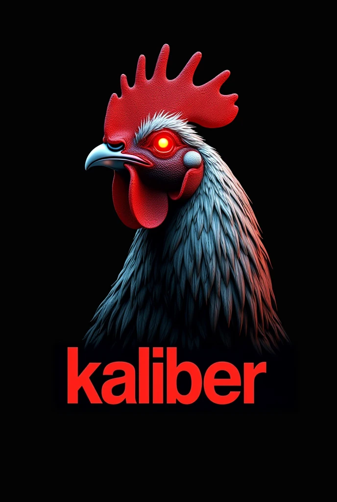 red eyed chicken non realistic with the word kaliber below it with black background