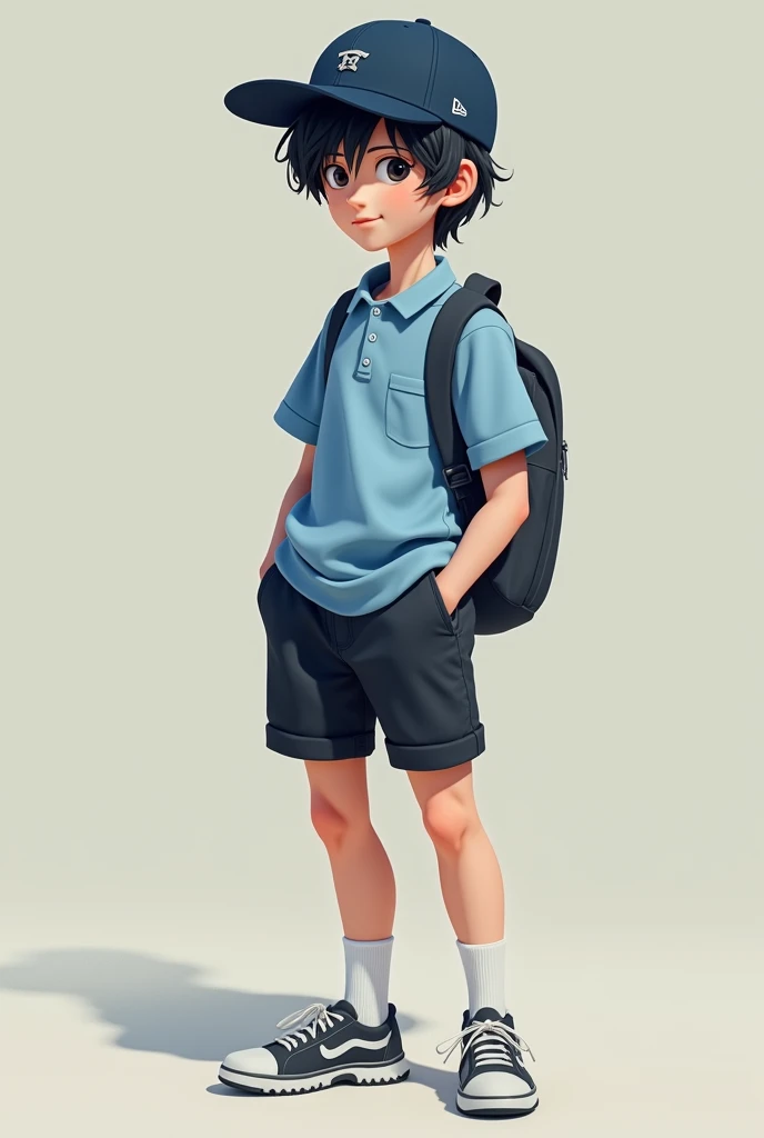 A teenager with a dark blue cap with a light blue blouse with black shorts and gray sneakers