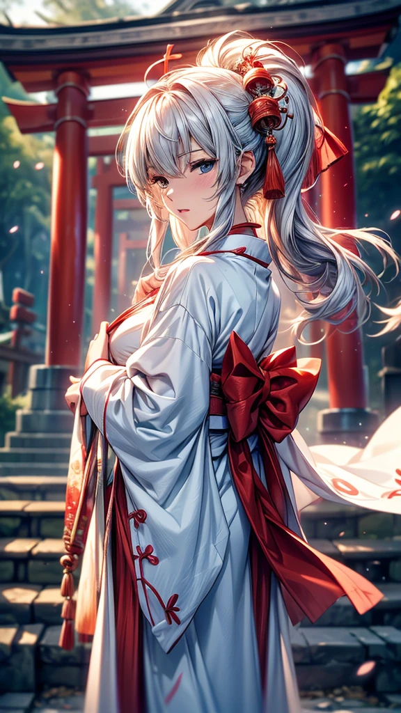  (Ultra-delicate), (Be focused), (high resolution), Deformed depth of field blurred background, (Detailed background), Perfect layer cut, (full-body shot/Cowboy shooting), wallpaper, one, Lovely beauty, alone, (Light blue eyes), thin eyebrows, long upper eyelashes, Double eyelids, Upper Eye, delicate eyes, Sexy lips, lip details, Shimmer, complicated, family friendly, (Shrine maiden), Talisman, Stardust, Mirror, Sacred offering, (Stem), comfortable peace, peaceful, Japan, Ise Shrine, Shrine maiden outfit, White robe and scarlet hakama, sakaki, Cane, shrine, Artistic, 8k