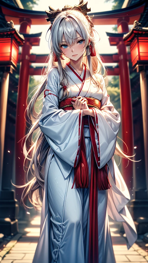  (Ultra-delicate), (Be focused), (high resolution), Deformed depth of field blurred background, (Detailed background), Perfect layer cut, (full-body shot/Cowboy shooting), wallpaper, one, Lovely beauty, alone, (Light blue eyes), thin eyebrows, long upper eyelashes, Double eyelids, Upper Eye, delicate eyes, Sexy lips, lip details, Shimmer, complicated, family friendly, (Shrine maiden), Talisman, Stardust, Mirror, Sacred offering, (Stem), comfortable peace, peaceful, Japan, Ise Shrine, Shrine maiden outfit, White robe and scarlet hakama, sakaki, Cane, shrine, Artistic, 8k