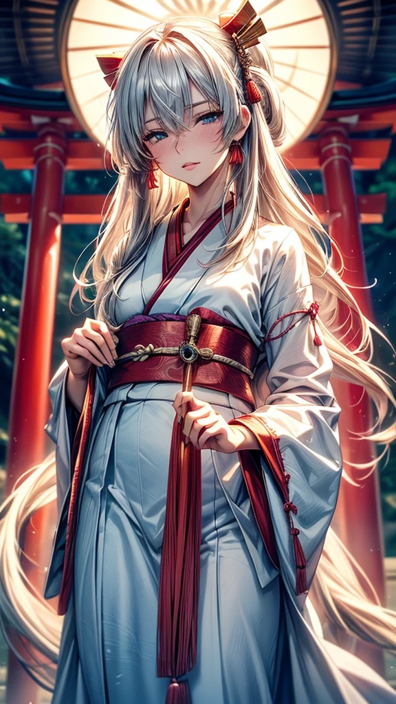  (Ultra-delicate), (Be focused), (high resolution), Deformed depth of field blurred background, (Detailed background), Perfect layer cut, (full-body shot/Cowboy shooting), wallpaper, one, Lovely beauty, alone, (Light blue eyes), thin eyebrows, long upper eyelashes, Double eyelids, Upper Eye, delicate eyes, Sexy lips, lip details, Shimmer, complicated, family friendly, (Shrine maiden), Talisman, Stardust, Mirror, Sacred offering, (Stem), comfortable peace, peaceful, Japan, Ise Shrine, Shrine maiden outfit, White robe and scarlet hakama, sakaki, Cane, shrine, Artistic, 8k